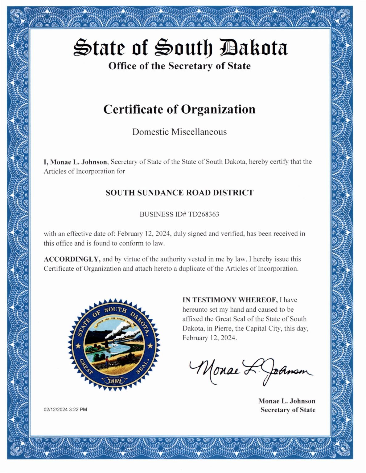 South Dakota State Certificate of Organization